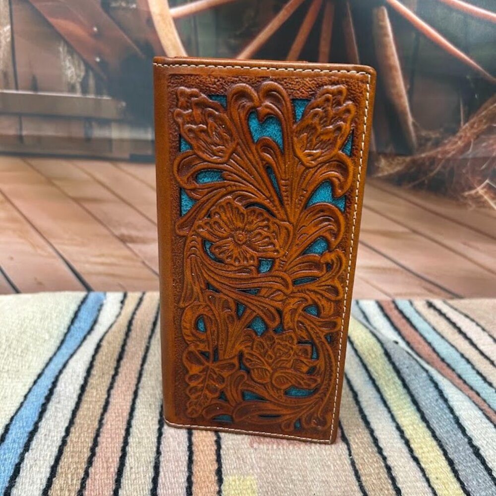 Light Brown Floral Design Leather Wallet With Turquoise Inlay